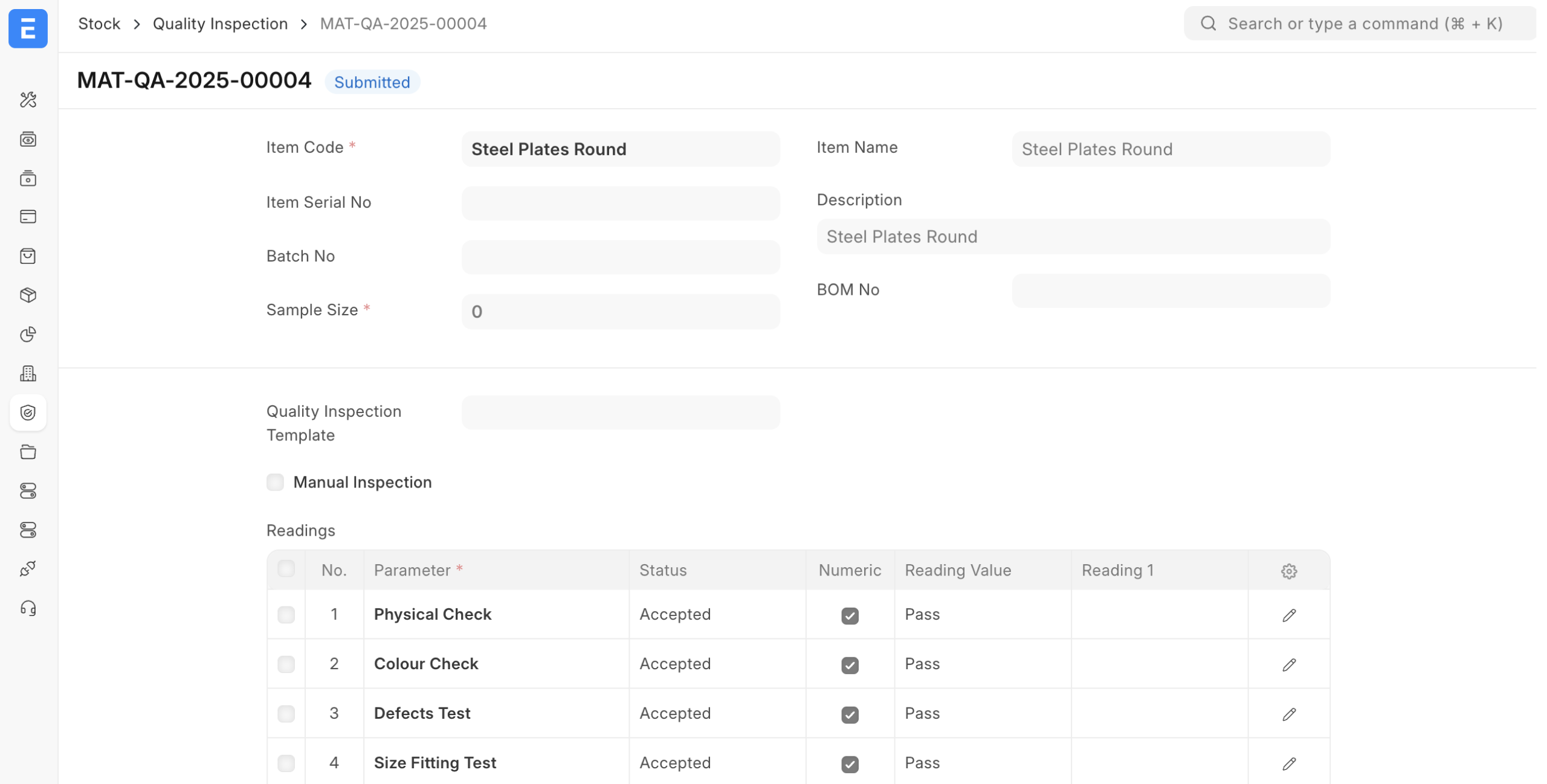 ERPNext Quality — Quality inspections & readings
