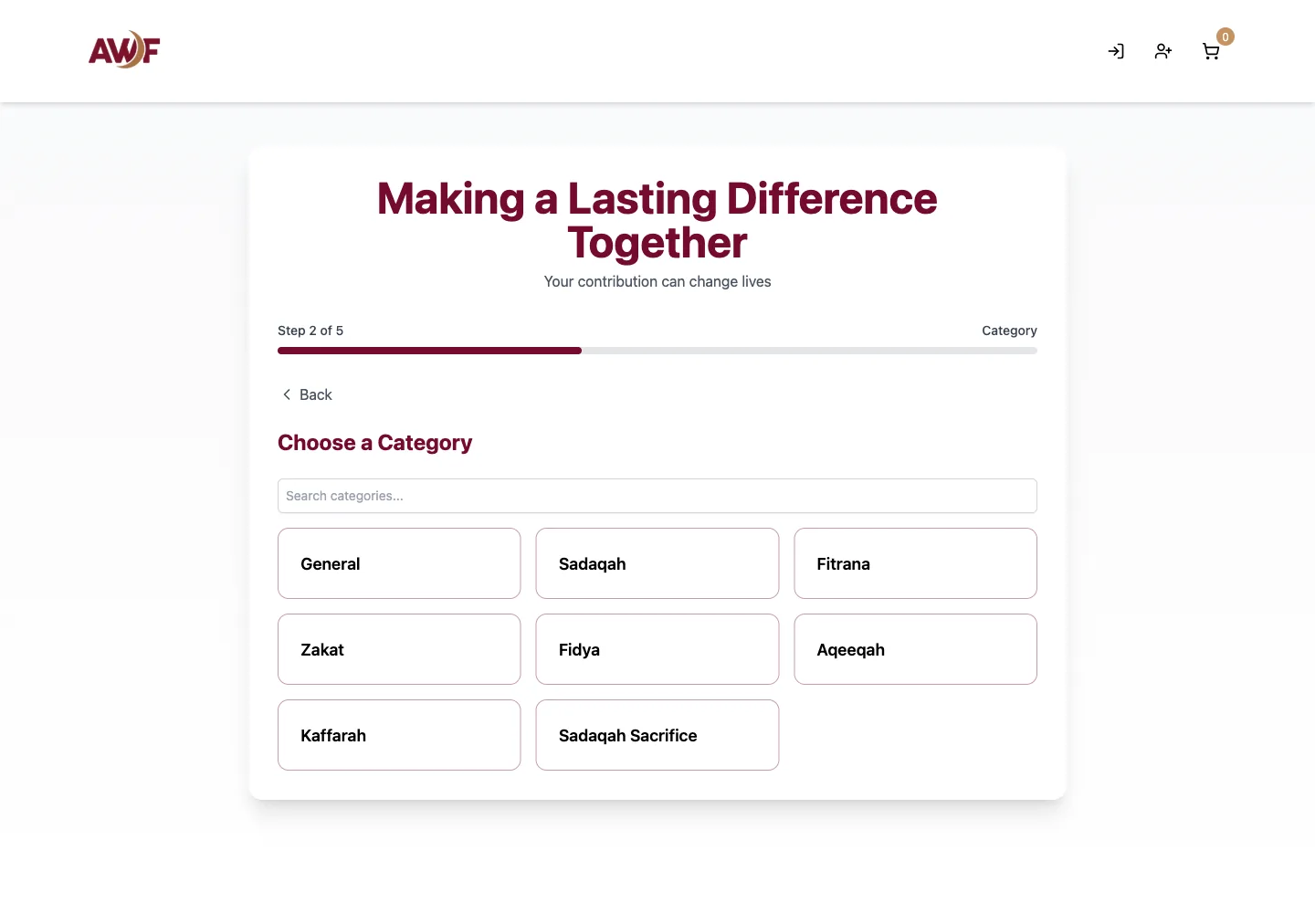 Donation flow — step 2: Pick a giving category