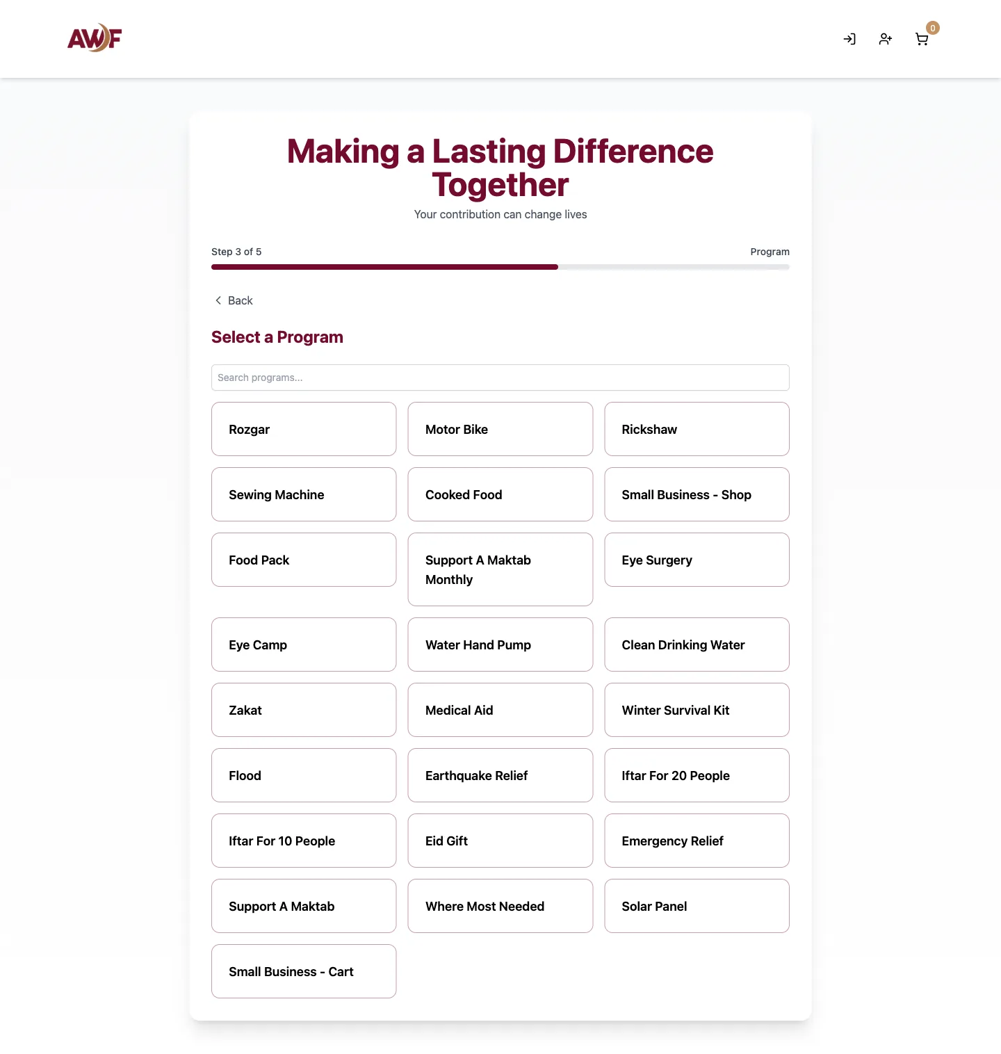 Donation flow — step 3: Select a programme