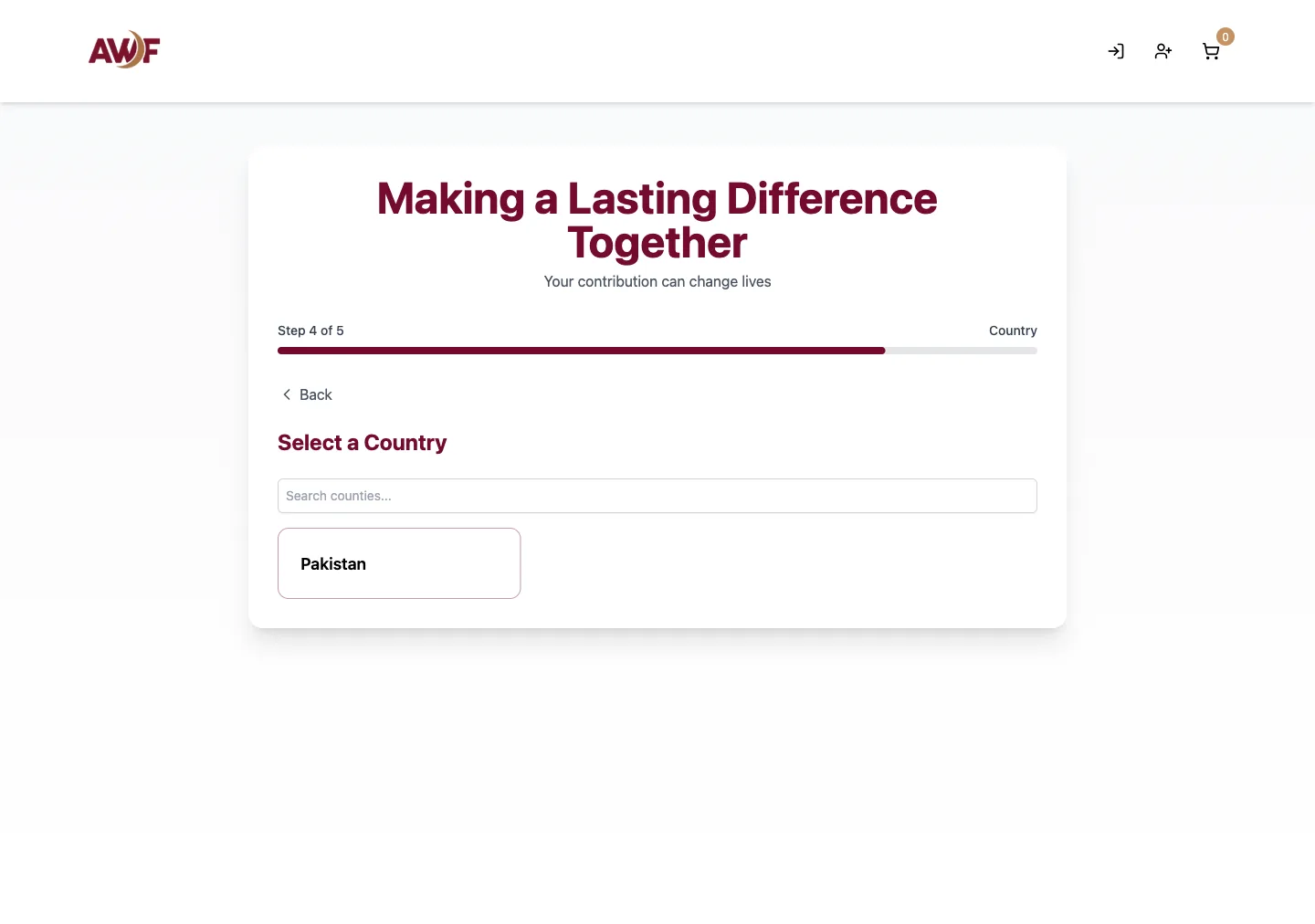 Donation flow — step 4: Choose a country
