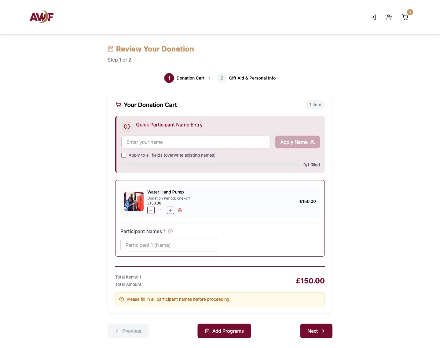 Donation flow — step 6: Basket, Gift Aid & pay