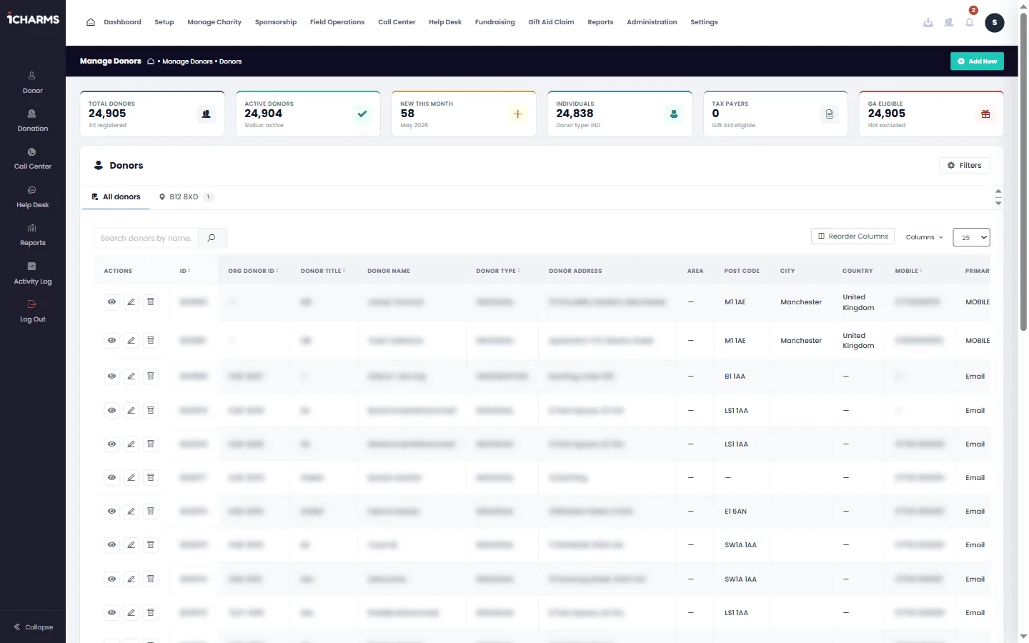Donor list — search, filter, export