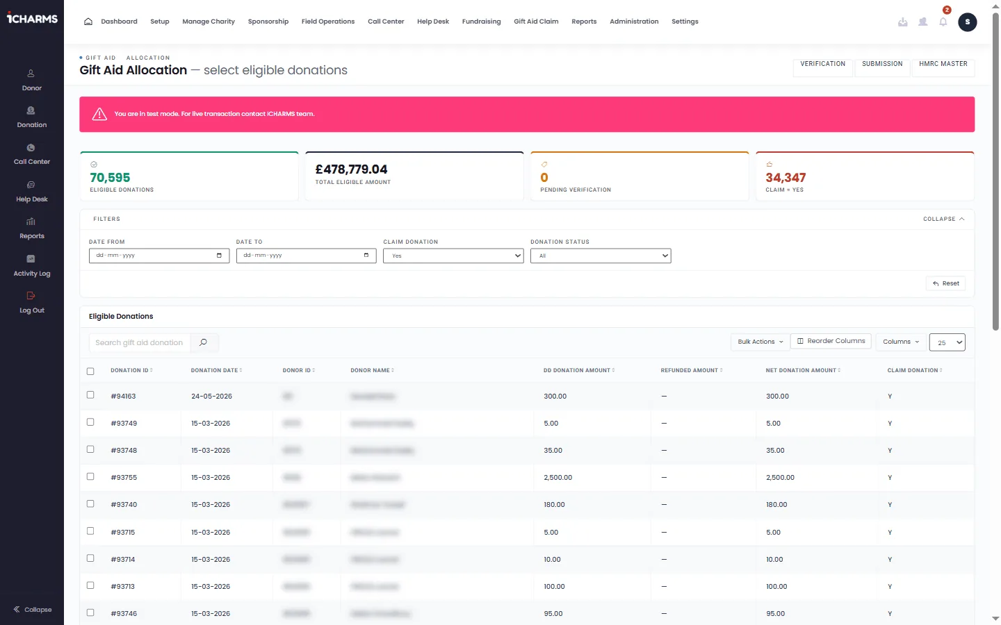 iCHARMS Gift Aid allocation screen