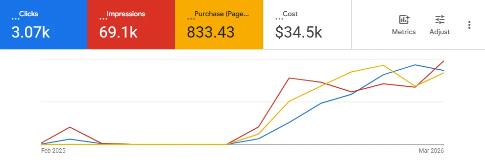 A real Google Ad Grants dashboard: Charity B — 3.07k free clicks