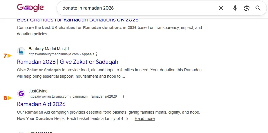 Google result: Banbury Madni Masjid ranks #7 for “donate in ramadan 2026”