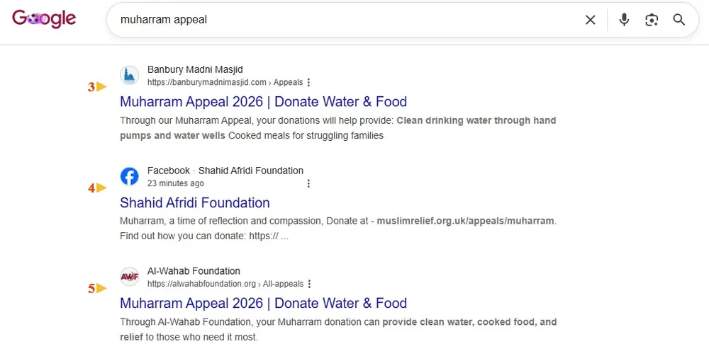 Google result: Banbury Madni Masjid ranks #5 for “muharram appeal”